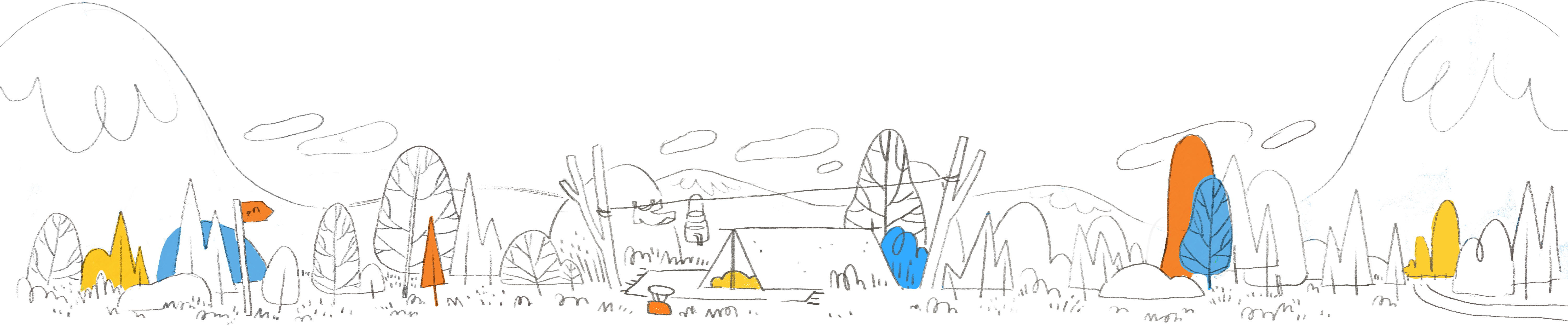 Wide panoramic illustration of a whimsical outdoor scene with various trees, hills, and camping elements. The scene includes a variety of trees in different styles and colors, such as blue, orange, and yellow, set against a backdrop of rolling hills and white clouds. Key features include a tent, a hanging lantern, and a small campfire. The landscape is detailed with grass and small plants, creating a lively and playful outdoor setting.