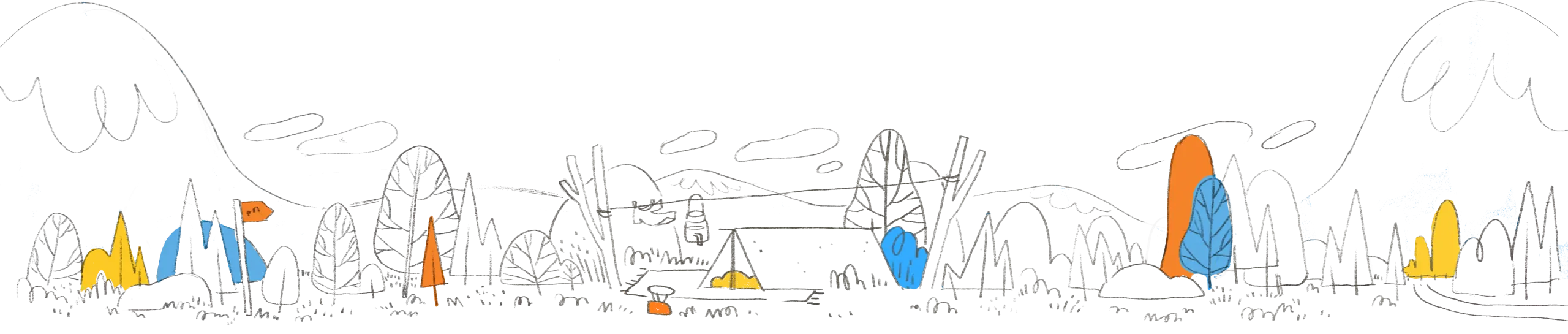 Wide panoramic illustration of a whimsical outdoor scene with various trees, hills, and camping elements. The scene includes a variety of trees in different styles and colors, such as blue, orange, and yellow, set against a backdrop of rolling hills and white clouds. Key features include a tent, a hanging lantern, and a small campfire. The landscape is detailed with grass and small plants, creating a lively and playful outdoor setting.