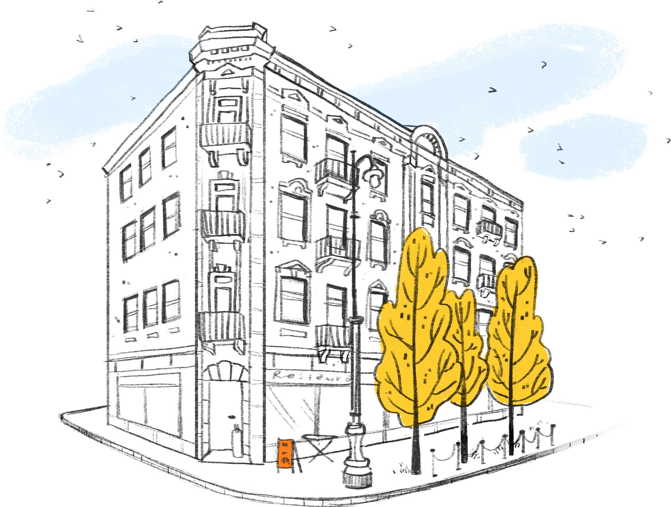 Stylized illustration of a vintage apartment building at a street corner, set against a blue sky with cloud-like shapes. The building is flanked by three stylized trees. The scene conveys a calm urban night atmosphere.