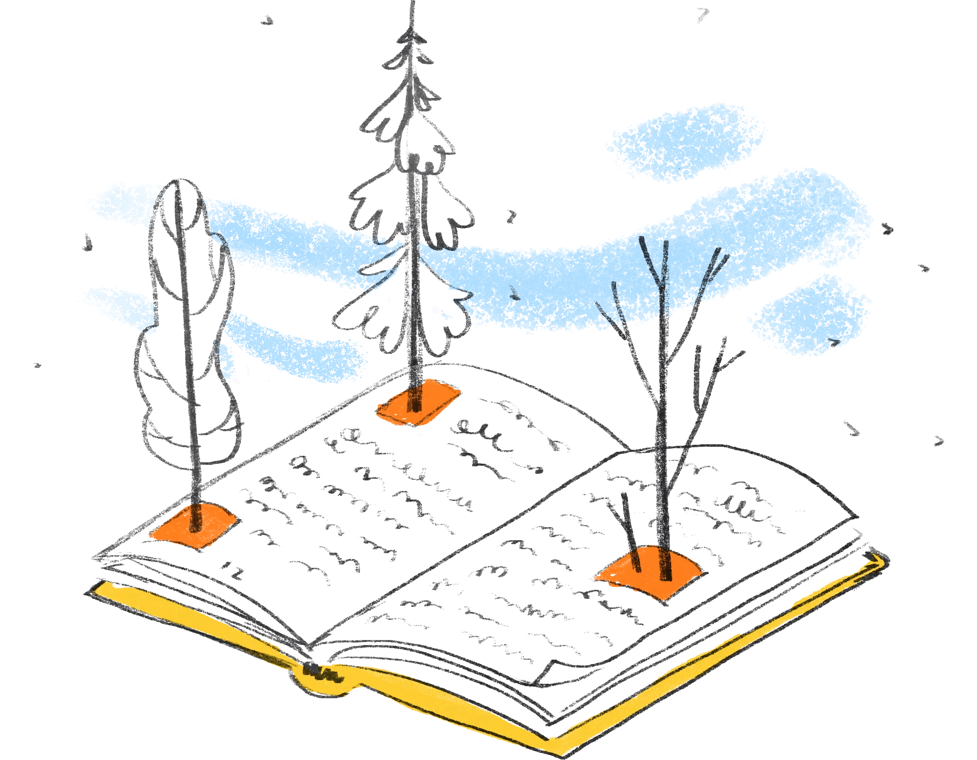 Artistic serene scene of a picnic setting with a whimsical touch. Features a yellow mug and a white kettle on a stump, surrounded by tall flowers and grass. A book is lying open on the grass.