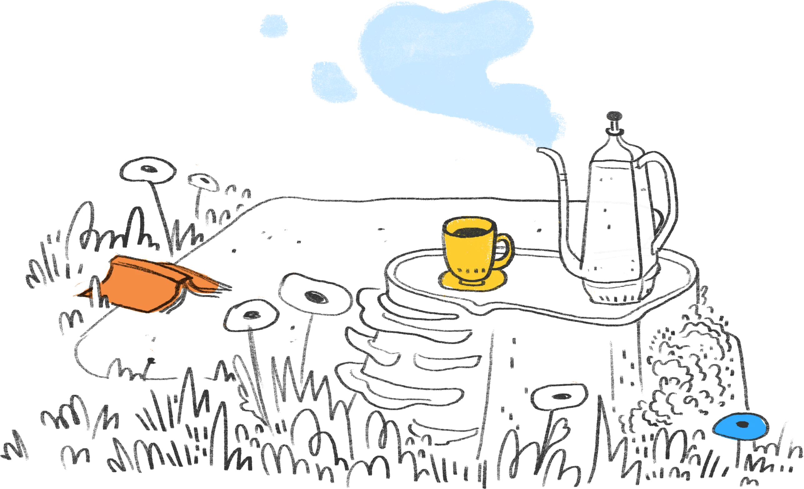 Artistic serene scene of a picnic setting with a whimsical touch. Features a yellow mug and a white kettle on a stump, surrounded by tall flowers and grass. A book is lying open on the grass.